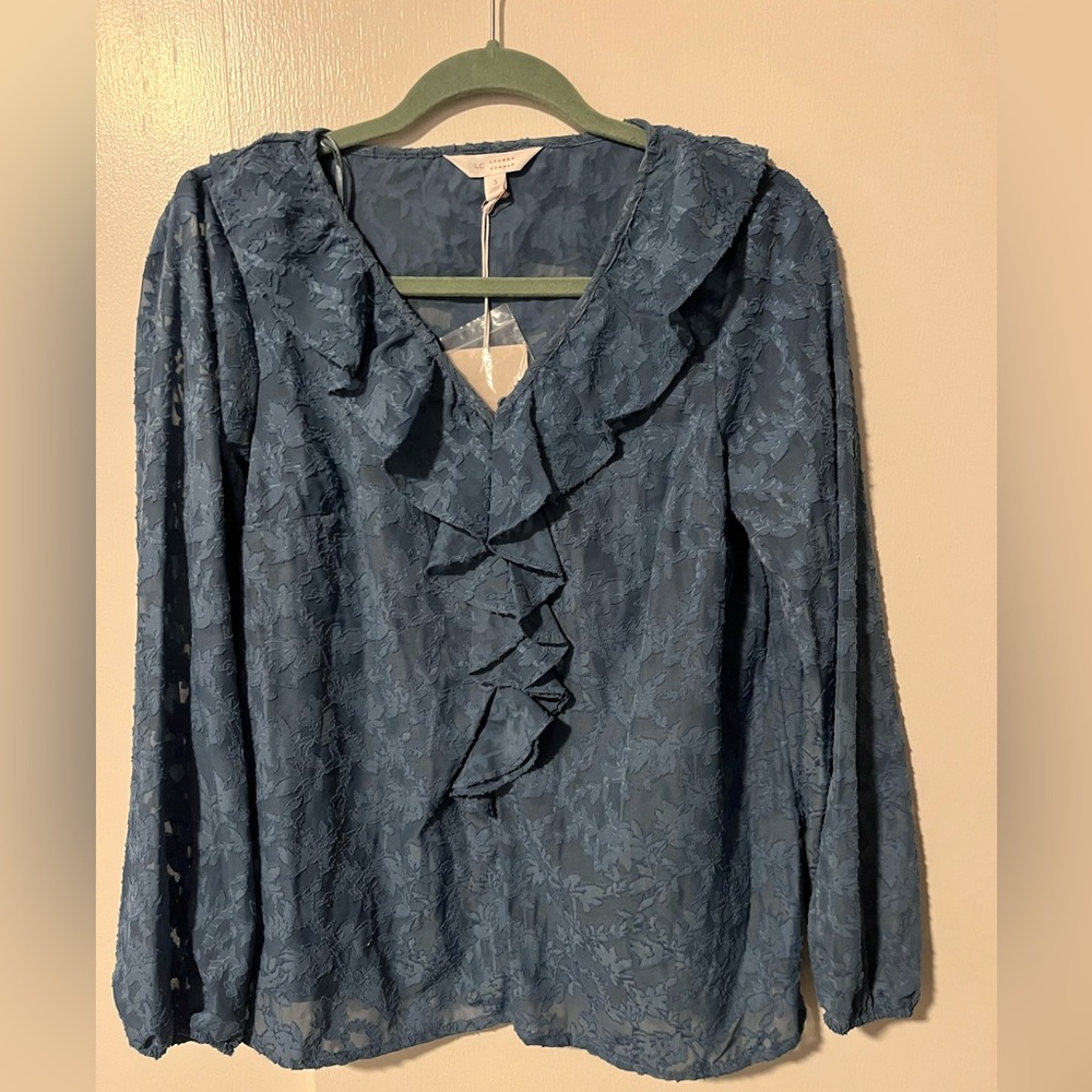 LC Lauren Conrad Navy Lace Ruffle Blouse